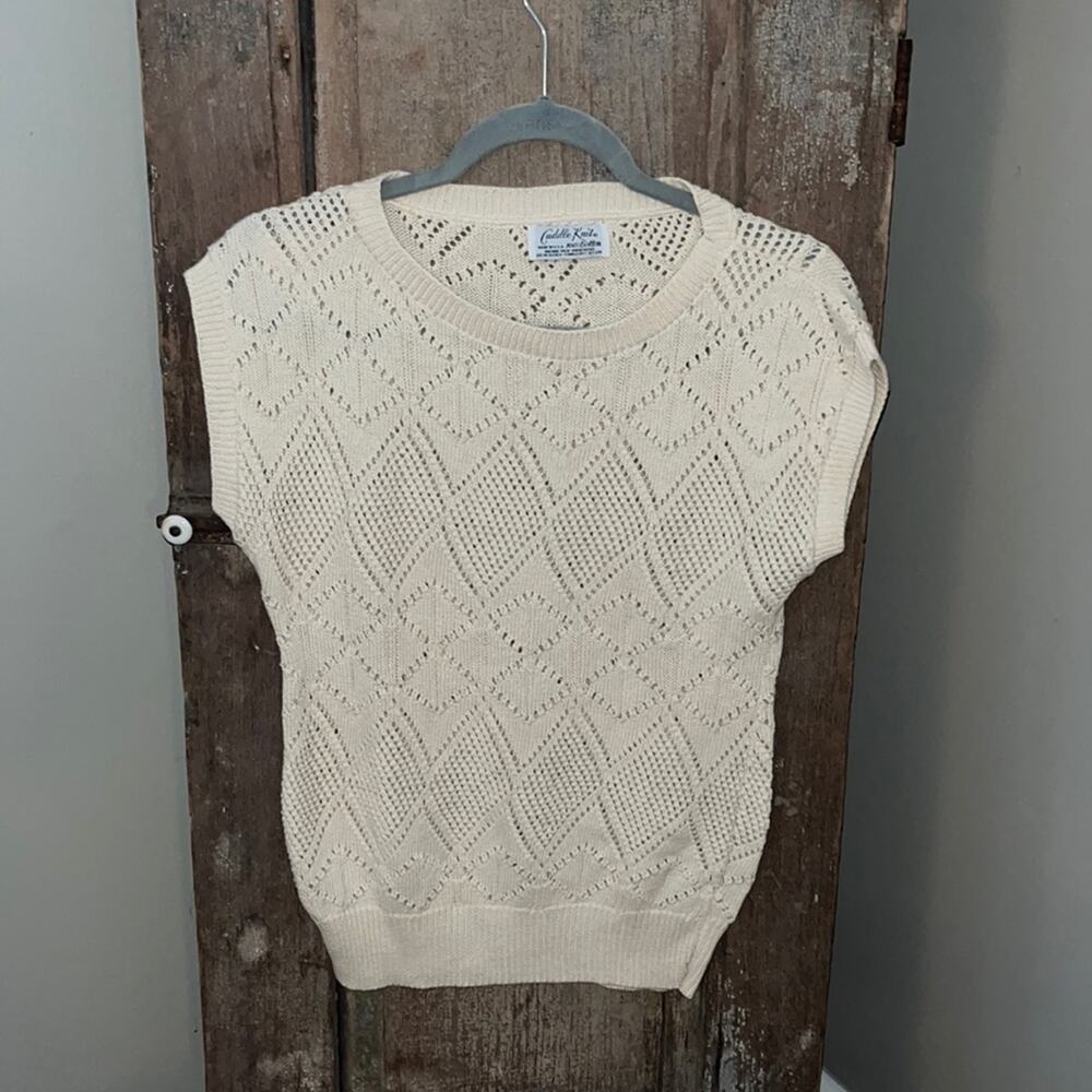 Vintage 70s Sweater Vest Cream Cuddle Knit 100% Cotton-USA-Small